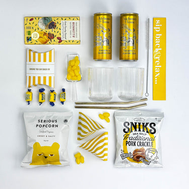 Assorted snacks and drinks on a white background