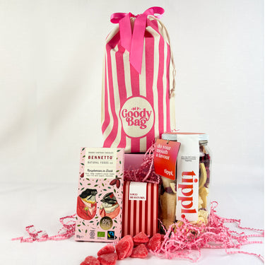 Pink Reusable Gift Bag with chocolate and treats