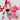 Two personalized mini gift sets containing Unleash body sprays, packaged in pink and white striped drawstring pouches with bright pink ribbons, displayed on a white surface alongside red foil hearts and printed gift tags.