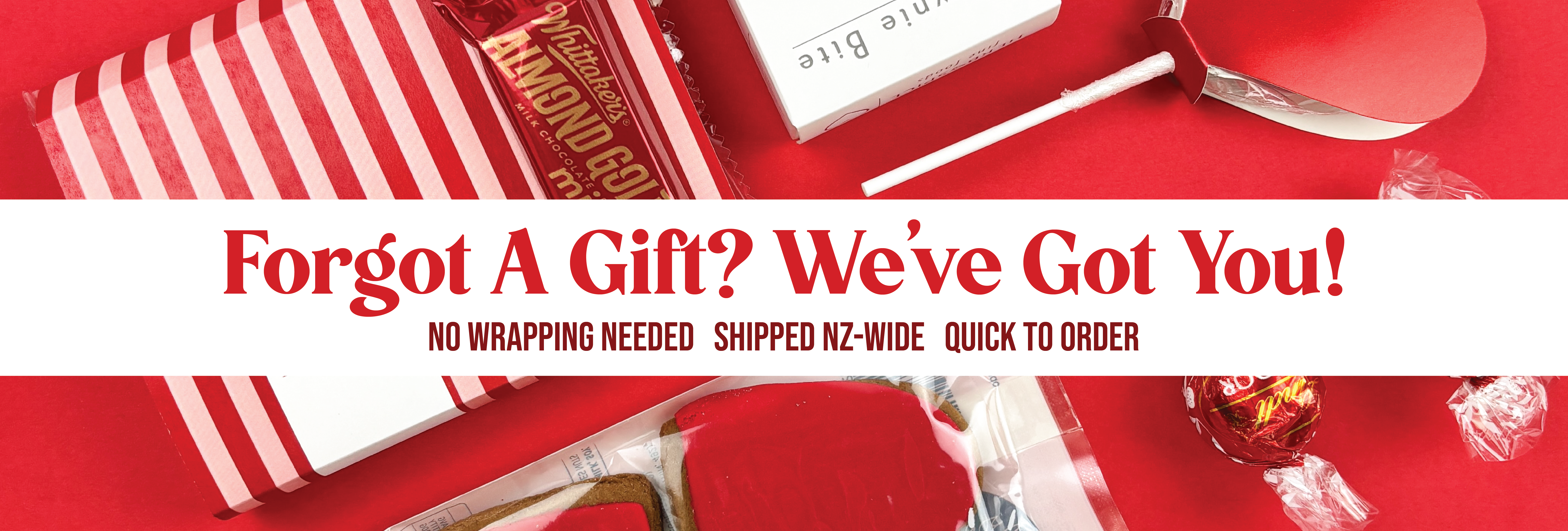 Promotional banner for gift delivery service with red and white packaging and text.